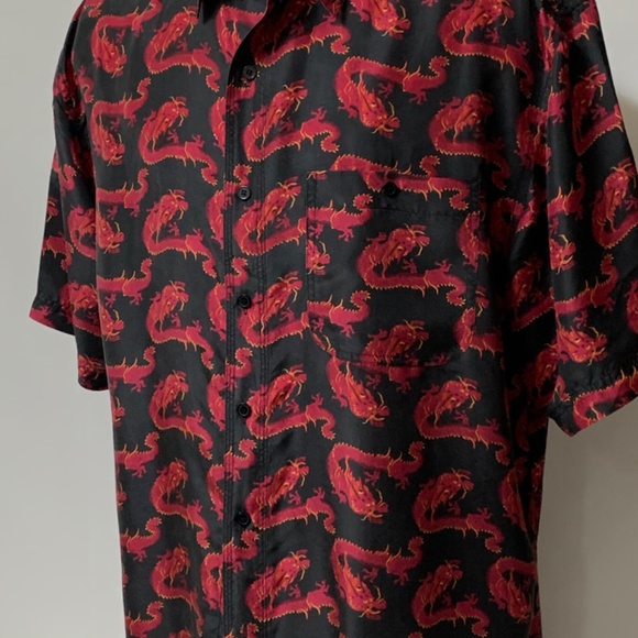 Silk Shirt XL Black RED DRAGONS Vintage - Picture 6 of 6
